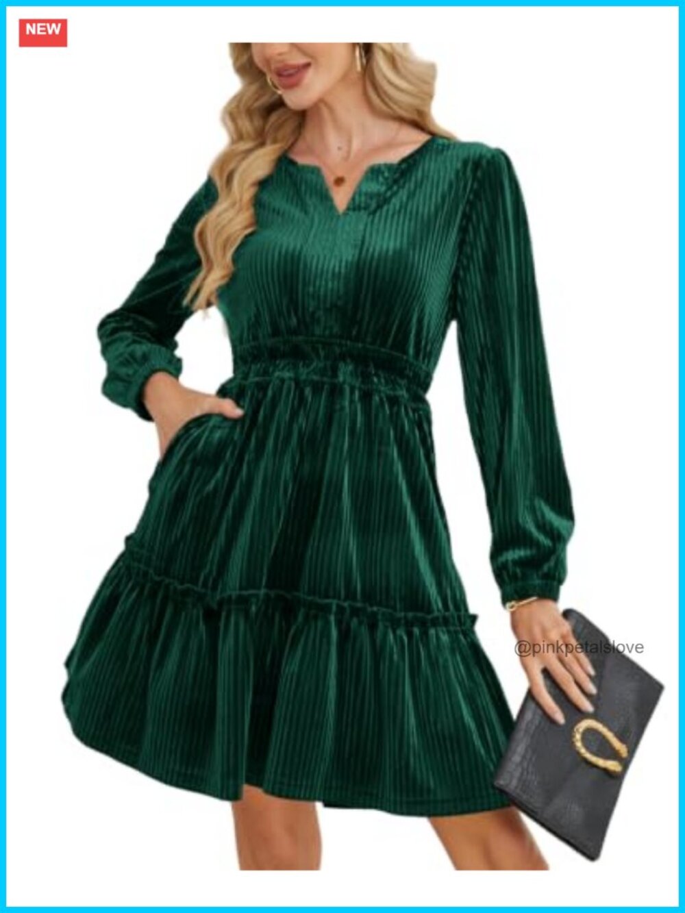 Velvet V-Neck Mini Dress Elastic Waist Ruffle Hem Cocktail Party
